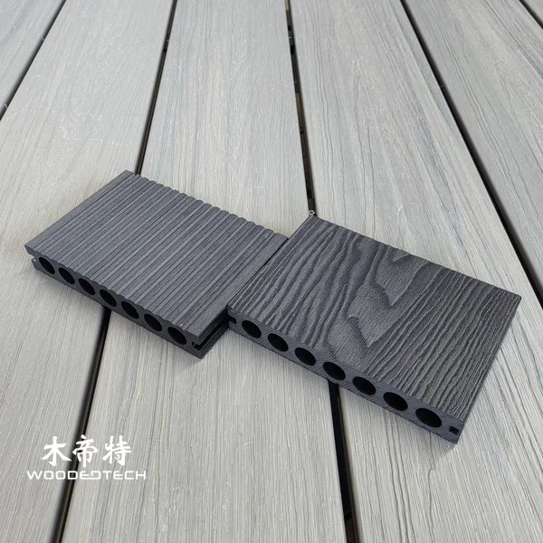 3D15023 150mm Width 23mm Thickness Round Hole Ebony Color 3D Embossed S4 Artificial Wood Decking Material Offers Classic Appearance