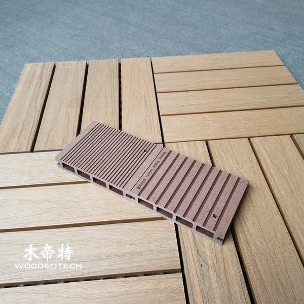 D14025-3 Double Sided Grooved Walnut Color Composite Wood Decking Offers Low Maintenance Outdoor Flooring Solution