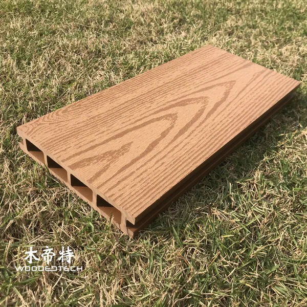 D14025-4 wpc composite pool decking with teak color and classic 2D wood grain surface is available with large stock supply