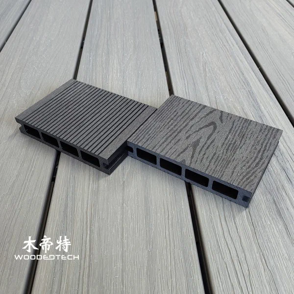 D14025-4 WPC Decking Boards Feature a Flat Wood Grain Surface with Black Ebony Heartwood Ring Grain for Outdoor Applications