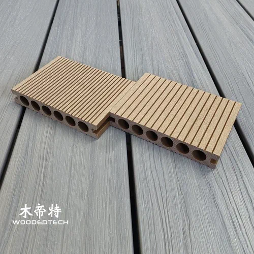 D14025-6 Teak Color Grooved Composite Decking with Six Round Holes Provides a Popular Solution for Outdoor Flooring