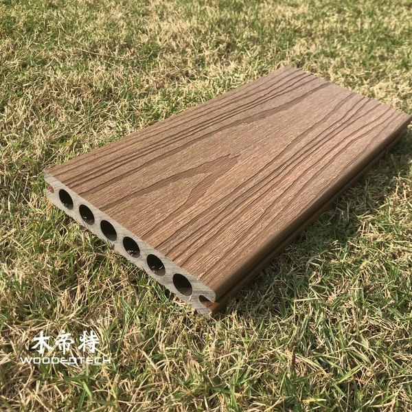 GD13823-3 Best Capped Composite Decking Shows Different Teak Color Effects Under Various Outdoor Lighting and Environments