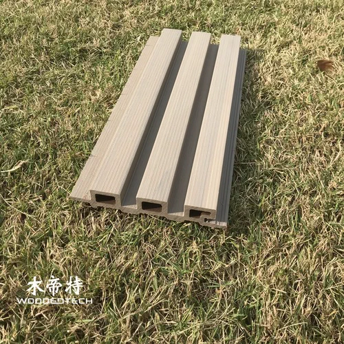GQ13523wpc board wall paneling with antique wood color narrow grille design delivers elegant outdoor wall appearance
