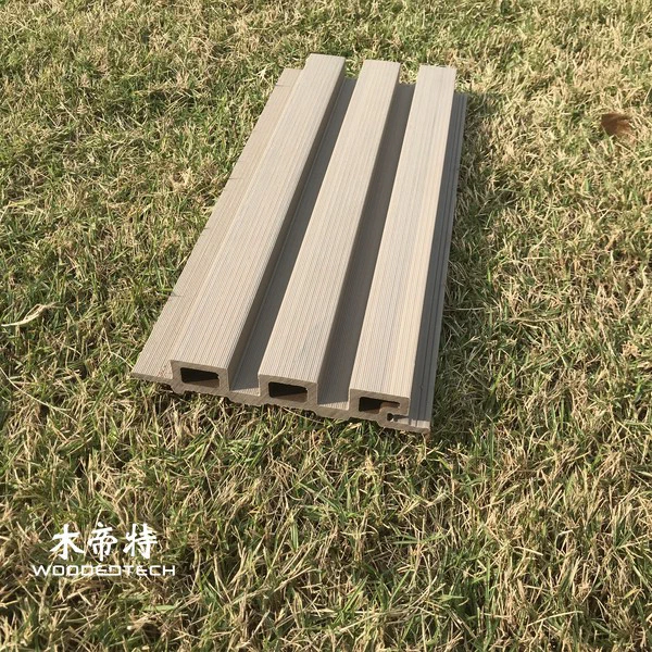 GQ13523wpc board wall paneling with antique wood color narrow grille design delivers elegant outdoor wall appearance